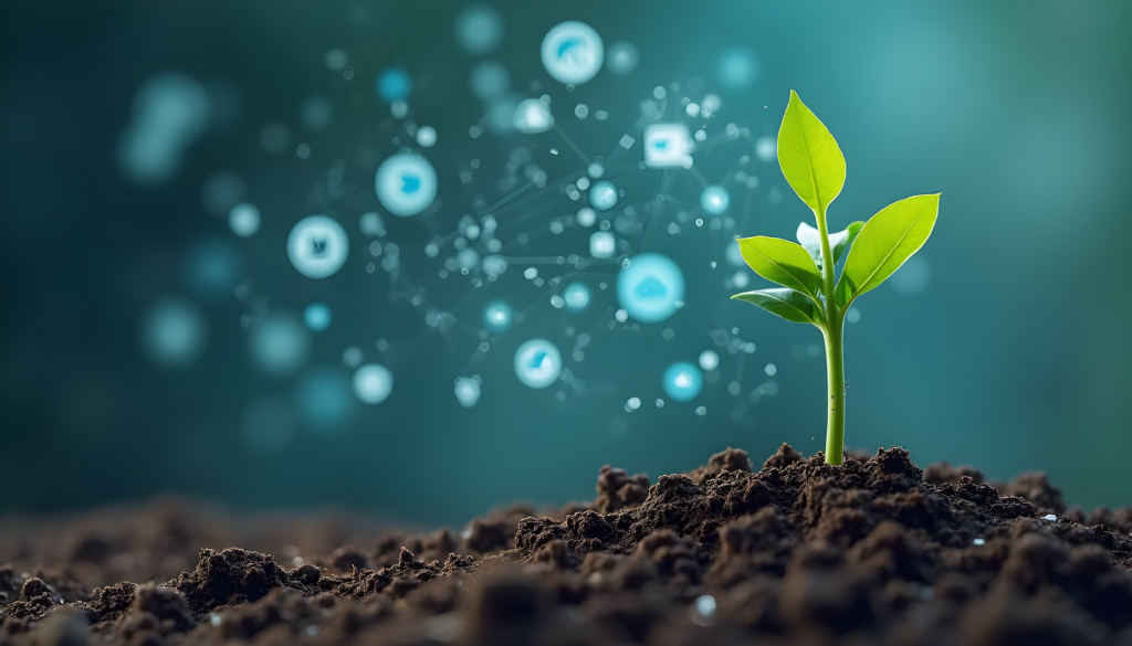 A startup plant thriving with digital marketing strategies like SEO and social media.