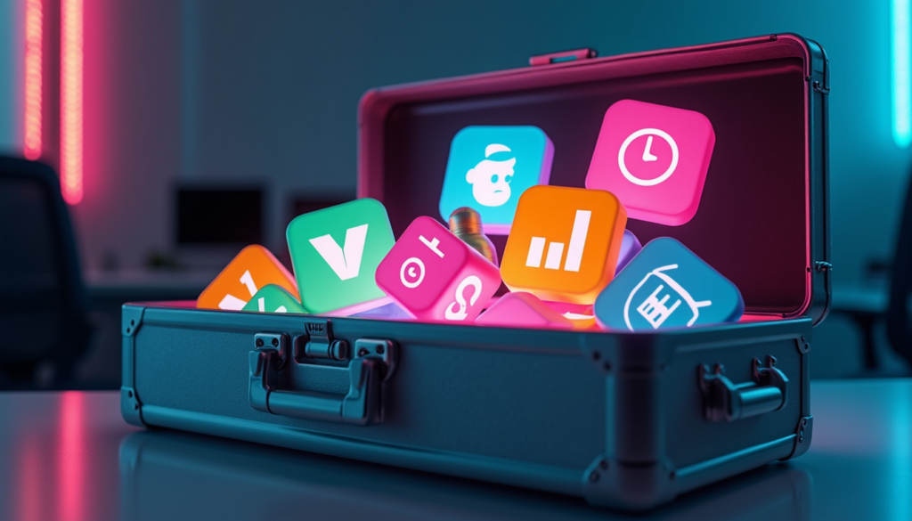 A toolbox filled with essential digital marketing tools for startup success.