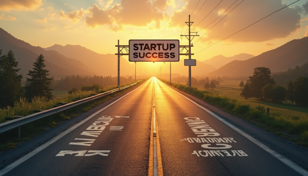 Three digital marketing paths converging into a startup success highway.