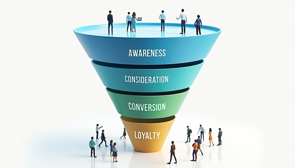 A customer acquisition funnel showcasing how digital marketing converts leads into customers.