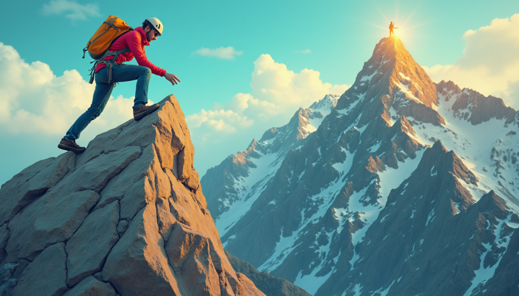 A startup founder climbing a mountain of marketing challenges using digital marketing tools.