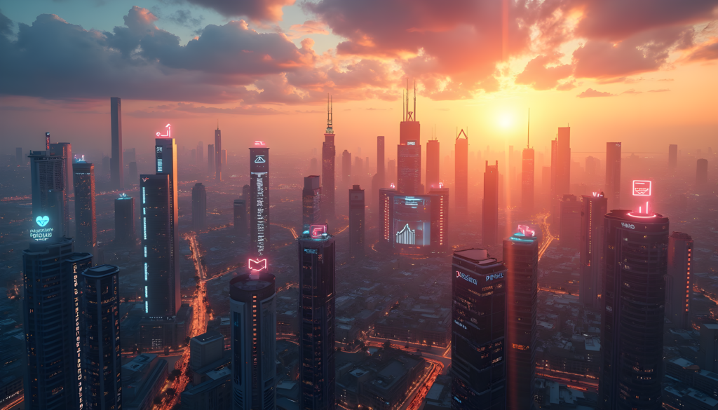 A thriving startup city illuminated by digital marketing tools like SEO and social media.