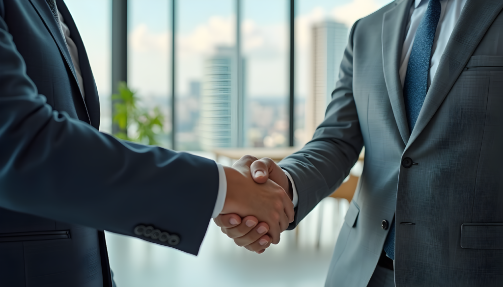 A professional handshake between two business professionals in a modern office setting, symbolizing trust and partnership.