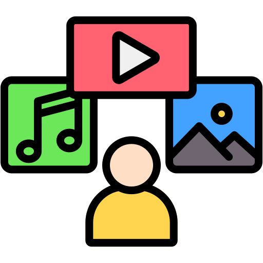An illustration of a content creator with icons representing video, music, and photography, symbolizing diverse content-making capabilities.