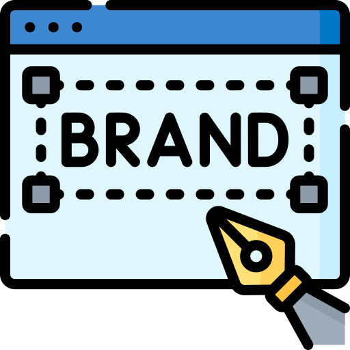 A graphic depicting a digital interface with the word "BRAND" on a label and a pen tool, symbolizing brand identity design.
