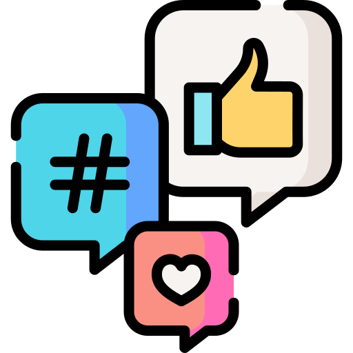 Icon with hashtag, thumbs-up, and heart symbols representing social engagement and interaction.
