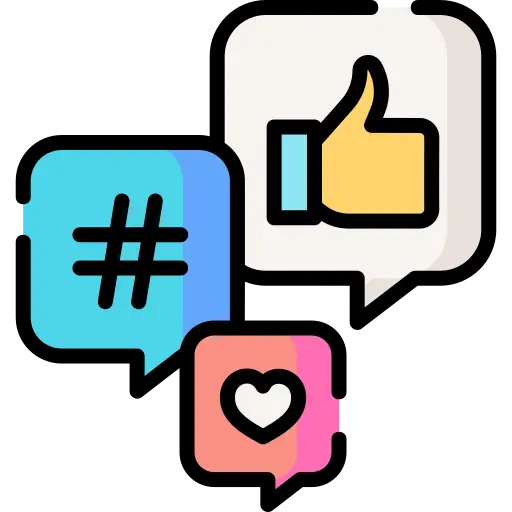 An illustration of various social media icons, including a thumbs up, hashtags, and speech bubbles, representing social media engagement and communication.