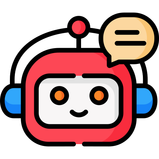 A friendly chatbot illustration with a red robot face, smiling eyes, and a speech bubble, representing chatbot development services.
