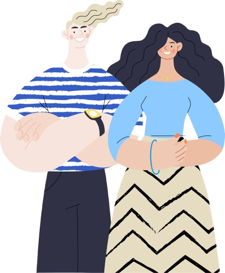 A diverse professional team consisting of a smiling man with wavy blonde hair in a striped shirt and a woman with curly black hair in a blue top, standing confidently together.