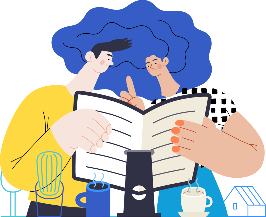 A cheerful couple, a man in a yellow sweater and a woman with blue hair, reviewing a menu together while sitting at a table with cups of coffee and a blender, symbolizing collaboration and communication.