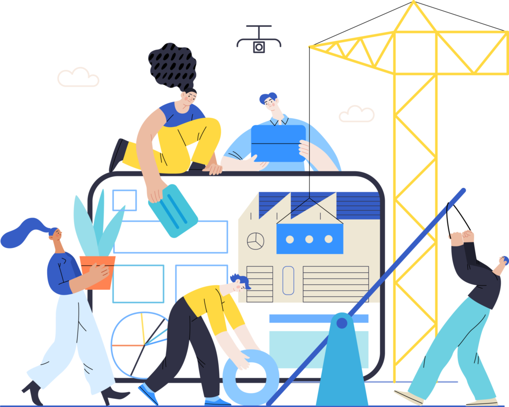 Illustration of a team collaboratively constructing a large digital interface, symbolizing building advanced virtual retail solutions.
