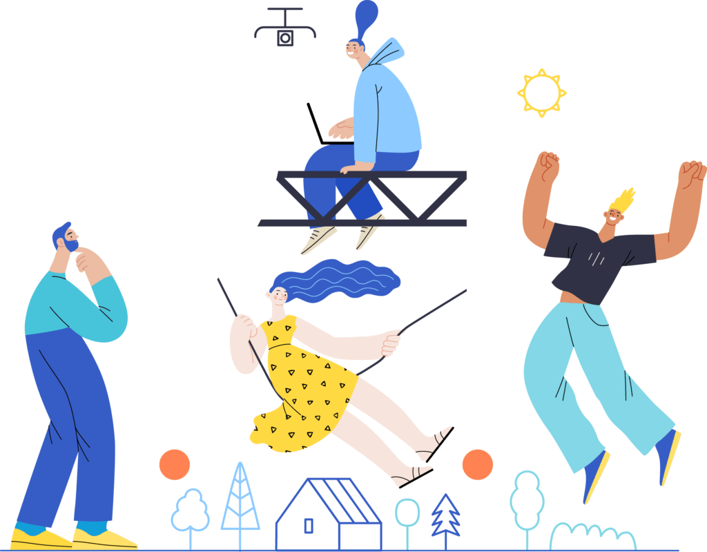 A colorful illustration featuring various characters engaging in discussions and activities related to Meta Ads management, with a prominent question mark symbolizing inquiry.