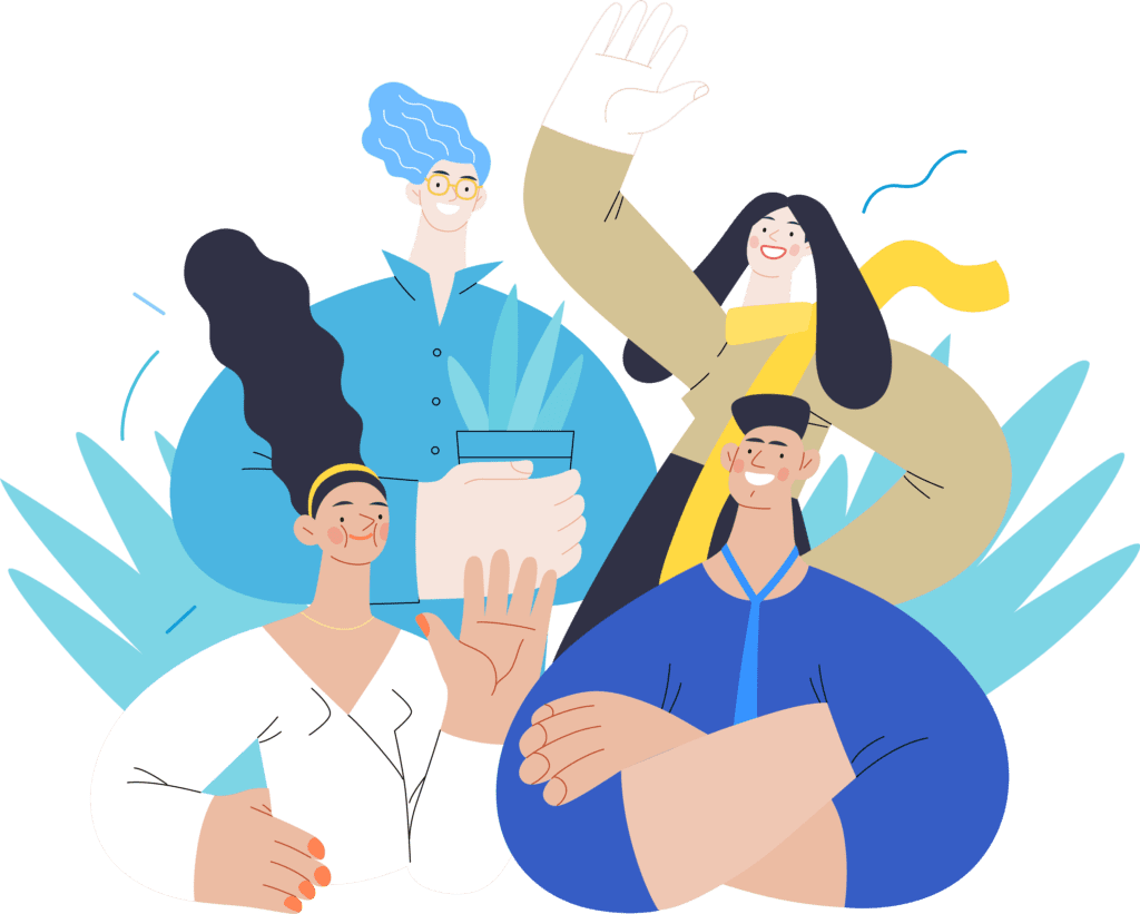 Illustration of a group of diverse, smiling characters representing a collaborative and engaging team environment.