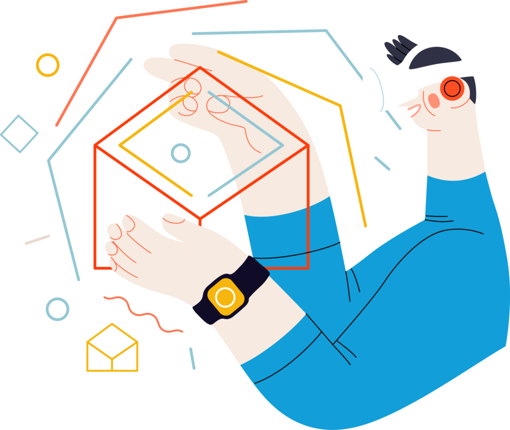 Illustration of a person using a virtual reality headset and interacting with 3D geometric shapes, symbolizing the Web360° Virtual Store experience.