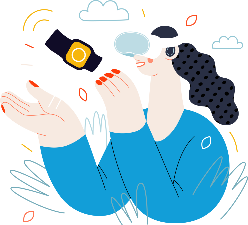 Illustration of a person wearing a VR headset and interacting with a floating 3D smartwatch, symbolizing an immersive virtual store experience.