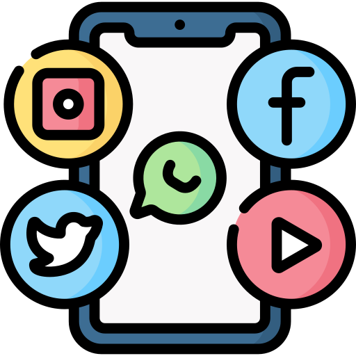 An illustration of a smartphone surrounded by icons of popular social media platforms including Instagram, Facebook, Twitter, WhatsApp, and video content, representing social media management services.