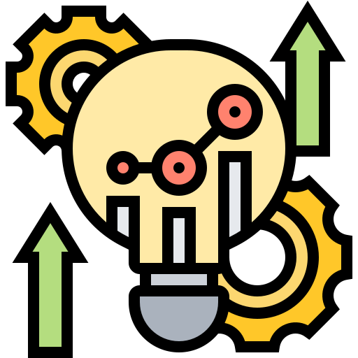 Illustration of a lightbulb, gear, and upward arrows representing strategy and growth.