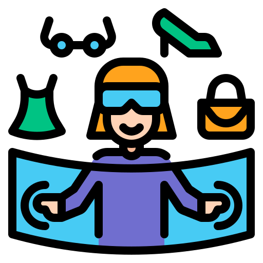 Icon of a person using a VR headset in an immersive environment, representing a unique virtual shopping experience.