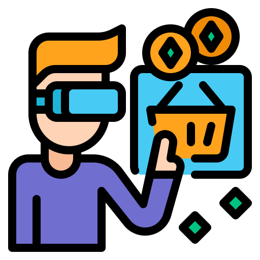 Icon of a person wearing a VR headset interacting with a virtual shopping cart, symbolizing smooth e-commerce integration.