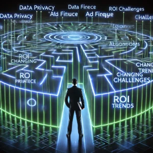 Futuristic glowing maze representing challenges in digital marketing, with phrases like 'Data Privacy' and 'SEO Algorithms' embedded in the walls, and a professional standing at the entrance holding a tablet.