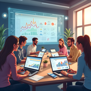 Team discussing why digital marketing is important in 2025, analyzing data and strategies on laptops with a projection screen in a collaborative workspace.