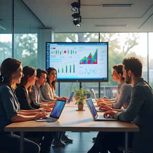 A digital marketing team discussing growth strategies in a conference room, showing how digital marketing helps to grow your business.