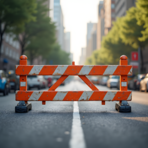 Roadblock in a city street symbolizing challenges in digital marketing.