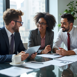 Three professionals discussing a digital marketing strategy in a modern office, exploring success in digital marketing.