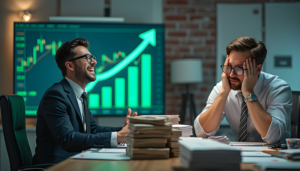 Two business professionals analyzing the pros and cons of digital marketing, with one looking confident and the other stressed, against a backdrop of a rising graph.