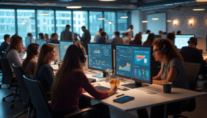 Office environment with professionals working on data analytics and digital marketing tasks on large computer screens in a modern workspace.