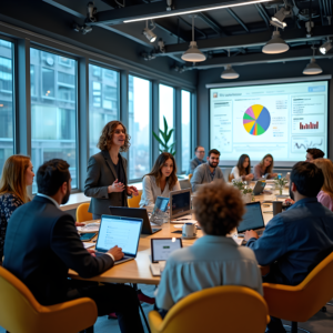 A team discussing digital marketing strategies in a modern office environment, showcasing career prospects in the field of digital marketing.