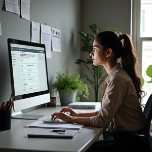 A professional woman working on a desktop computer in a well-lit office, researching trends in digital marketing, highlighting the growing demand for this field.