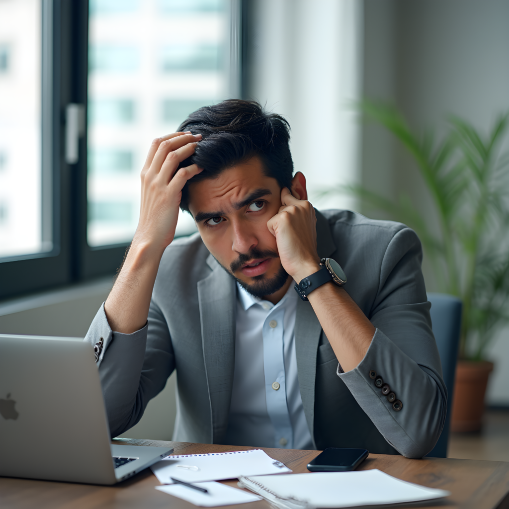 A concerned professional pondering the pros and cons of digital marketing, reflecting on whether digital marketing is good or bad.