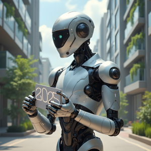 A futuristic humanoid AI robot holding a card with "2025" displayed, symbolizing advancements in AI marketing tools for 2025, standing in a modern urban environment.