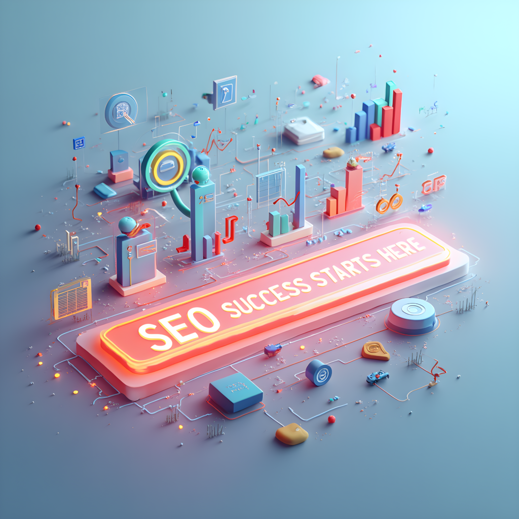 A visually engaging 3D illustration showcasing various elements of search engine optimization, including graphs, charts, magnifying glass, and digital metrics, with a glowing text that says "SEO Success Starts Here" – highlighting the core concept of what is search engine optimization.