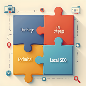 SEO Puzzle Pieces Puzzle pieces showing key SEO concepts including on-page optimization, off-page factors, technical SEO, and local SEO - optimized for "what is search engine optimization"