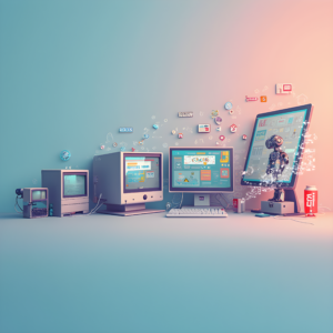 Vintage Tech Workspace An image depicting various retro computing devices and peripherals, including a CRT monitor, keyboard, and other gadgets, surrounded by a swirling array of icons and graphics.