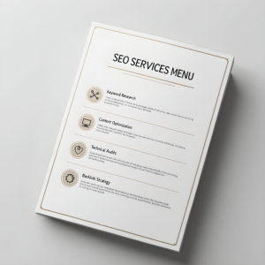 SEO Services Menu An image depicting a services menu for search engine optimization (SEO), including icons and descriptions for keyword research, content optimization, technical audits, and backlink strategy.