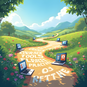 The Path to Mastering SEO Scenic landscape with laptops symbolizing learning SEO through courses, tools, and best practices.