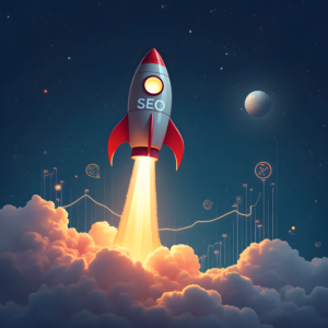 SEO Rocket Lift-Off An illustrated rocket representing SEO launching towards the stars, symbolizing the power of search engine optimization.
