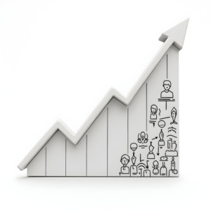 A stylized image of a growing graph or chart, with various icons and symbols along the side representing different aspects of growth or progress.