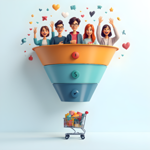 A group of happy, diverse people inside a stylized sales funnel, with a shopping cart below filled with assorted items.