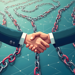 Two business people shaking hands against a backdrop of interlinked chains, representing the collaborative and networked nature of off-page SEO.