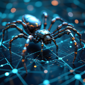A futuristic robotic spider-like creature crawling on a network of glowing interconnected lines and nodes, symbolizing the web-crawling capabilities of search engine bots.
