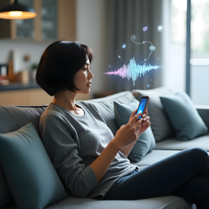 A young woman sitting on a couch, using a smartphone with a holographic interface displayed in front of her.