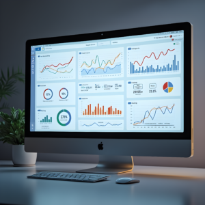 A computer monitor displaying a dashboard with various data visualizations, including line graphs, bar charts, and pie charts. The monitor is placed on a desk with a keyboard and mouse in front of it.
