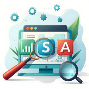 A digital workspace displaying various SEO analytics and optimization tools, including data visualizations, performance indicators, and a magnifying glass for search engine analysis.