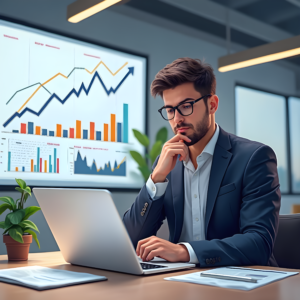 A businessman in a suit and glasses is sitting at a desk in an office, analyzing data visualizations and graphs displayed on a screen behind him.
