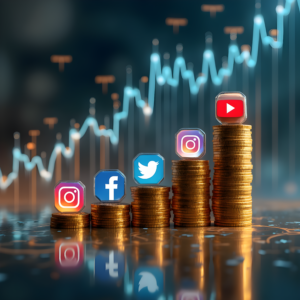Stacked coins with social media icons (Instagram, Facebook, Twitter, YouTube) in front of a financial chart, illustrating why digital marketing is important.