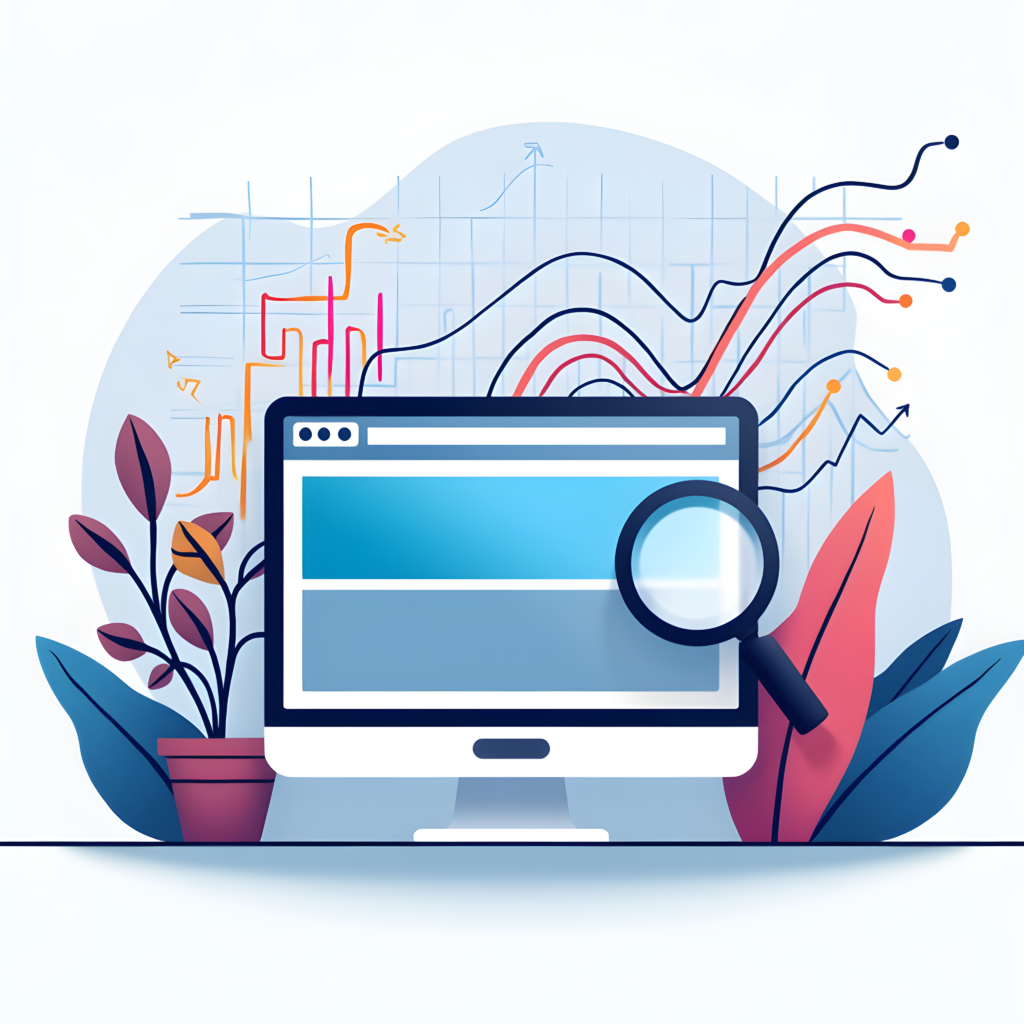 Website analytics and search engine optimization (SEO) concept with computer screen, the key on-page element for SEO, and data visualization elements